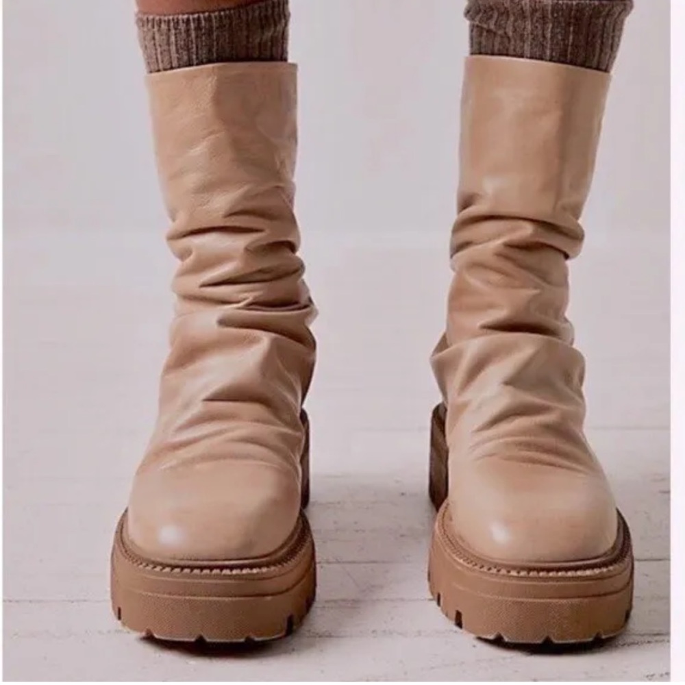 Free People Emma Platform Combat Boots Ruched in Natural Leather Size US 9 EU 39
